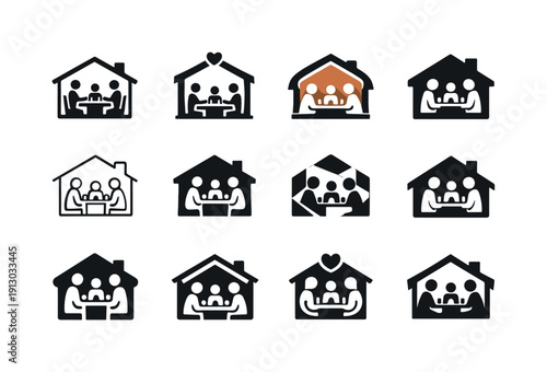    Having dinner with family. Icon set. Set Logo of Having dinner with family: home meal together. harmonious logo variations of the same