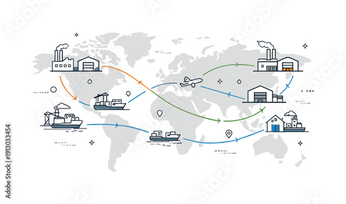 International logistics network. A simplified world map with routes linking factories, warehouses, and ports. Abstract lines and symbols