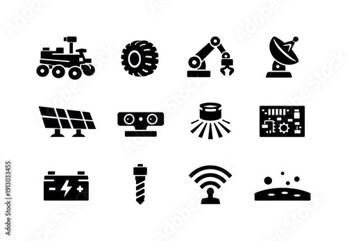 Lunar rover. Solid icon set of Lunar rover: robotic moon vehicle, all terrain wheels, sampling robotic arm, communication antenna, energy