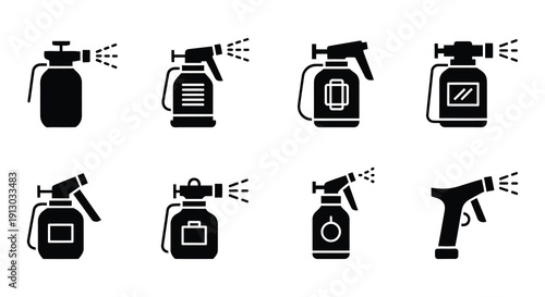 Various spray bottles depicted in a black and white icon set