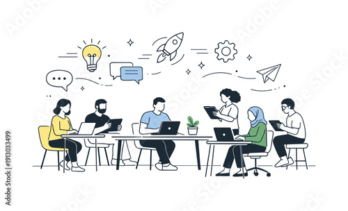 Innovation hub workspace. Open office with diverse teams working independently yet connected, using laptops and tablets. Quiet productivity