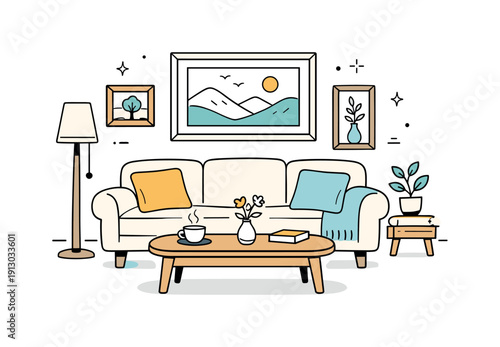 Vintage-inspired room. Sofa, coffee table, and framed artwork arranged harmoniously, calm and inviting mood. Editorial representation of