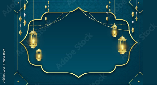 Elegant Ramadan Kareem background with golden lanterns and ornaments