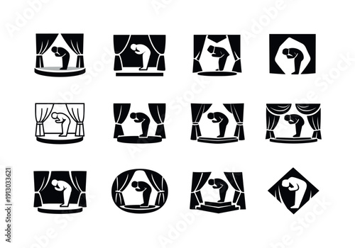 Theater performances. Icon set. Set Logo of Theater performances: actor bowing on stage. harmonious logo variations of the same emblematic