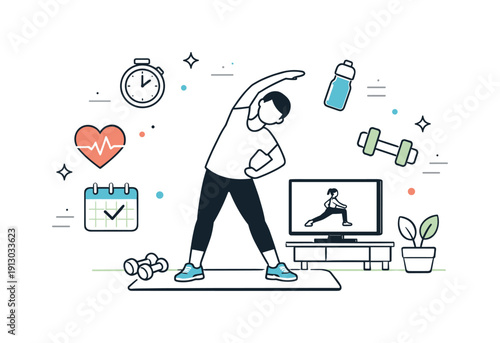 Home fitness routine. A person stretching or doing light cardio in front of a screen, with workout icons floating gently around. The scene
