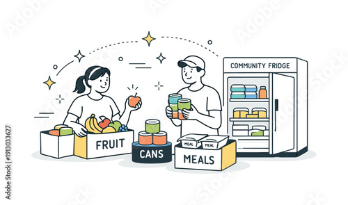 Organizing food donations. Two people sort fruits, canned goods, and labeled meals before placing them into a community fridge, abstract