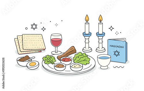 Passover Seder Symbols. Passover traditions. Editorial scene showing symbolic seder items like matzah, herbs, and candles arranged with care. The composition