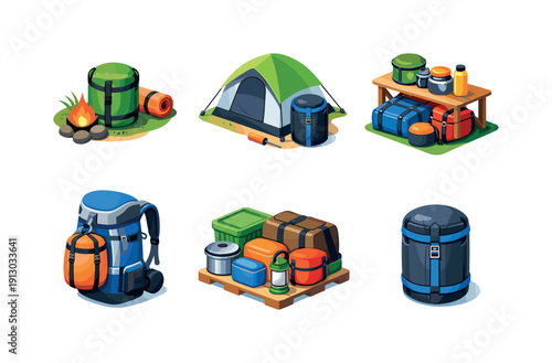    Outdoor storage. Isometric flat vector icons set of outdoor storage: compression sack at campsite, sack near tent setup, storage in camp gear