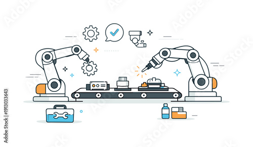 Industrial machinery. Robotic arms assembling parts on a production line, precise automation and modern technology. Smooth motion lines and