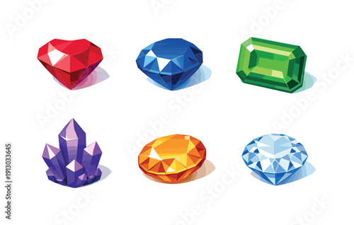    Gemstones display. Isometric flat vector icons set of gemstones display: polished ruby gem, faceted sapphire stone, emerald cut gem, amethyst