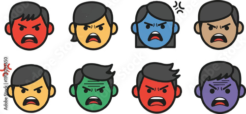 People faces expressing anger and frustration different colors