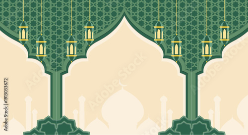 Elegant Islamic archway with hanging lanterns in green and gold