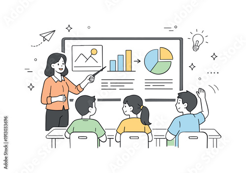 Classroom technology in use. A teacher and students interacting with a digital board, calmly reviewing visual materials together. The scene