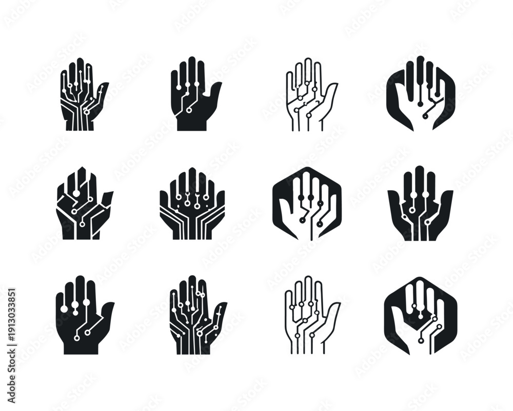 Fototapeta premium Tech Body Logos. Tech integration into the human body. Icon set. Set Logo of Tech integration into the human body: hand with embedded sensors. harmonious logo
