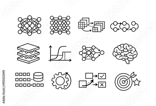   Deep learning. Line outline icon set of Deep learning: neural network architecture, deep