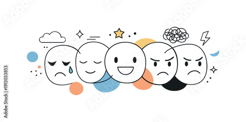 Emotional spectrum. Abstract faces and shapes blending into each other, showing different moods in a quiet, thoughtful composition. Floating