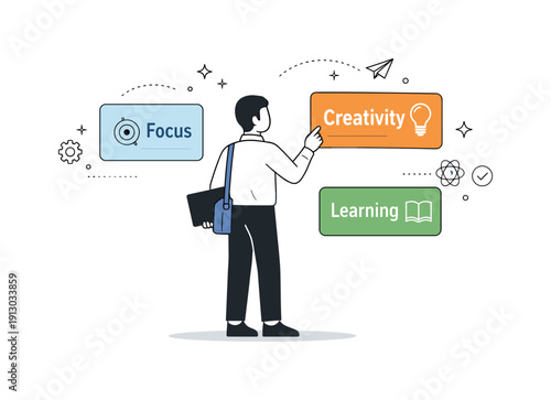 Future of work. Professional choosing tasks from floating cards labeled focus, creativity, and learning. Visual metaphor of autonomy and