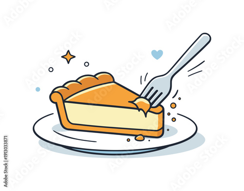 Pie slice with fork. A fork gently cutting into a pie slice, showing a quiet moment of enjoyment. Subtle motion lines and crumbs add life to