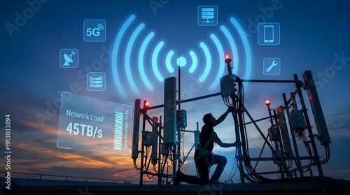 Technician installing 5G antennas on tower at sunset