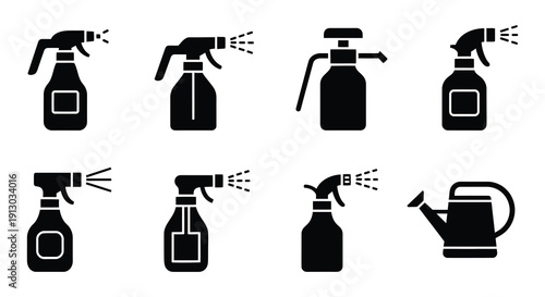 Various spray bottles depicted in a black and white icon set