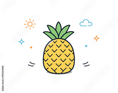 Pineapple flat lay minimal. Top view pineapple placed with generous negative space. Relaxed tropical vibe, simplicity and balance. Minimalist