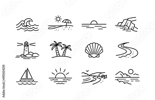 Coastal landscapes. Line icon set of Coastal landscapes: ocean waves, sandy beach, sea horizon, coastal cliffs, lighthouse, palm trees,