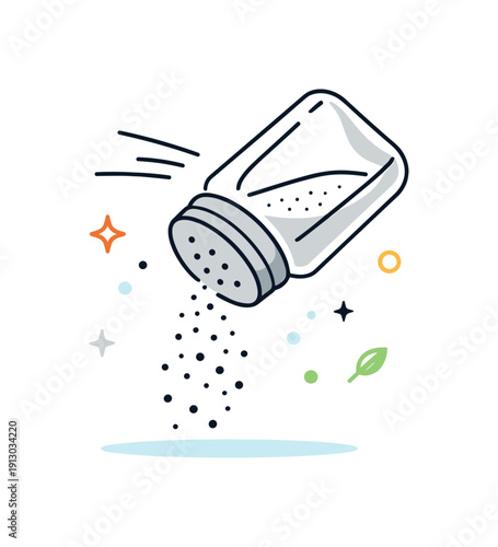 Seasoning moment. A tilted salt shaker gently sprinkling salt, with motion lines and tiny abstract dots floating around. The illustration