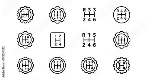 Various automotive gear shift patterns displayed in black and white
