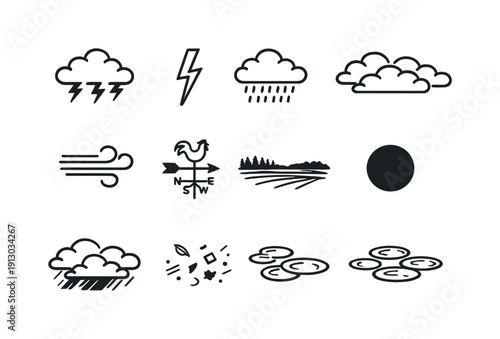   Moody summer weather. Line outline icon set of Moody summer weather: storm cloud, lightning