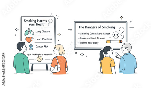 Health Awareness Education. Health awareness day. People reviewing simple health messages about smoking risks on posters or digital screens. The atmosphere