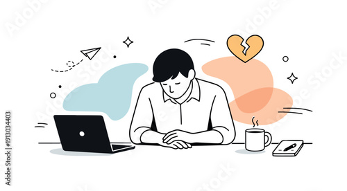 Reflective Office Grief. Grief at workplace. A quiet professional sitting at a desk with lowered posture, hands resting still, and soft abstract shapes around