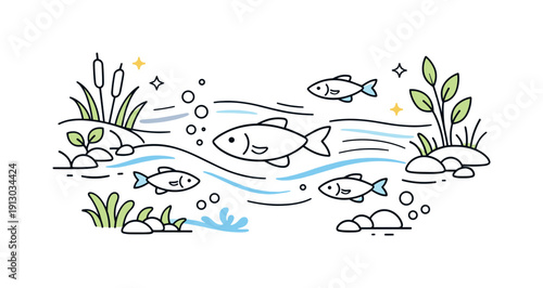 River ecosystem. Fish swimming along gentle currents with plants growing along the riverbank. Sense of movement and life expressed through