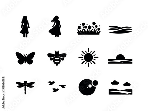   Girl in blooming field. Filled icon set of Girl in blooming field: standing girl, long dress