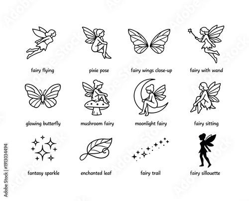 Fairy Tale Icons. Fairy Tale Creatures. Line icon set of Fairy Tale Creatures: fairy flying, pixie pose, fairy wings close-up, fairy with wand, glowing