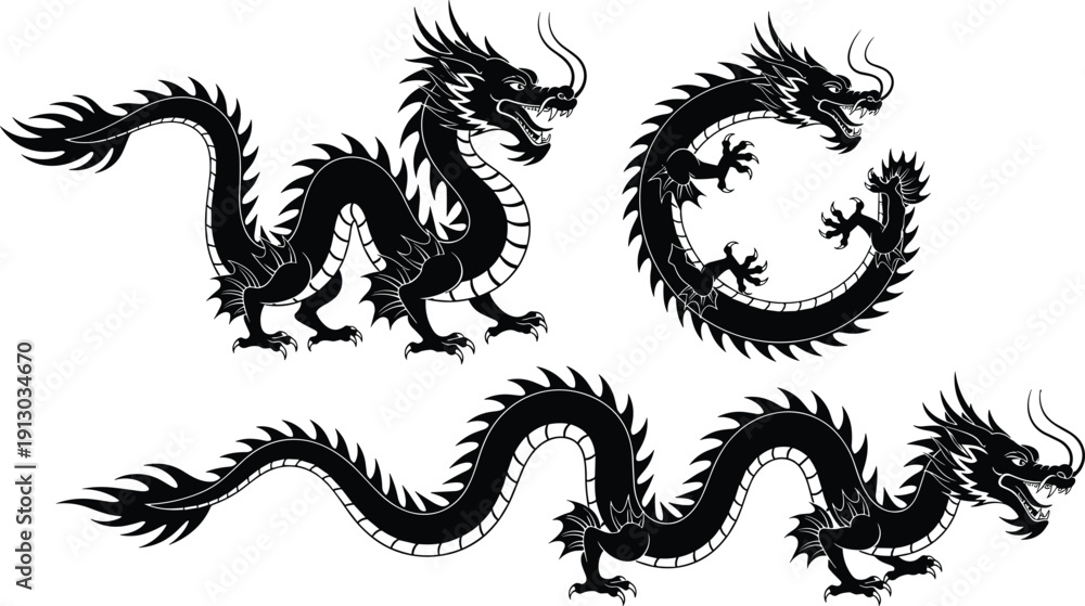Fototapeta premium Stylized Chinese dragon silhouettes in dynamic poses, vector illustration for mythology, cultural symbolism, fantasy art, decorative design themes