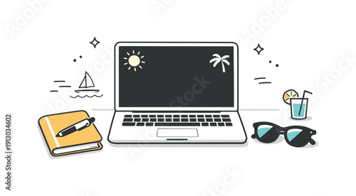   Summer remote work aesthetics. Minimal desk scene with laptop, notebook, and sunglasses placed neatly. Visual balance between work focus and