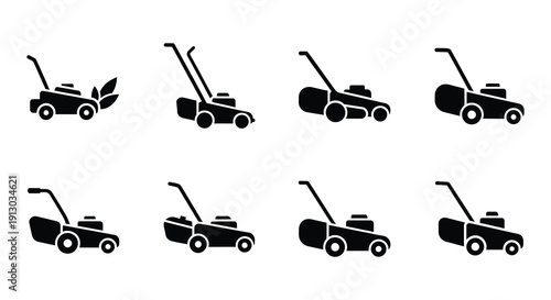 Collection of black silhouette lawnmower icons in various styles