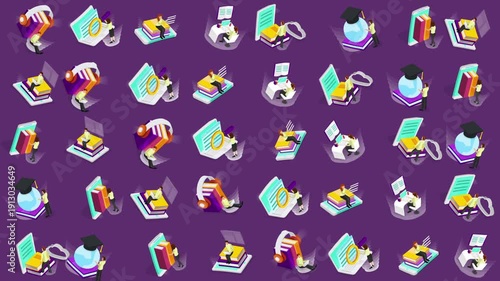 Graduation and learning icons for educational design projects, presentations, social media posts, and schoolrelated materials on a vibrant purple background.