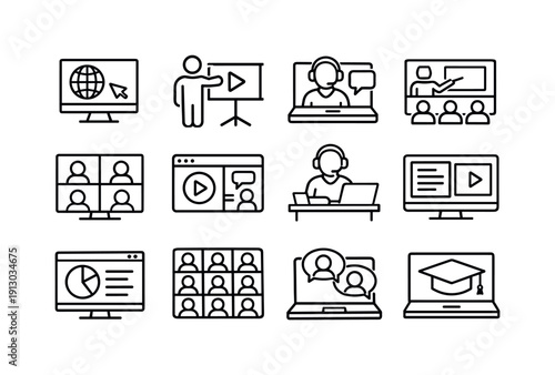 Digital Workshops. Line icon set of Digital Workshops: online workshop platform, presenter with screen, remote lecture, digital classroom,