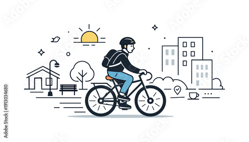    Urban cycling daily commute moments. Early morning ride through quiet city streets, cyclist pedaling calmly past simple buildings, fresh