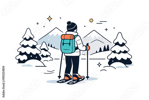 Snowshoeing in a winter wonderland. A person pausing during a snowshoe hike to enjoy the view, surrounded by snowy trees and simple mountain