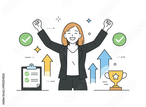   Business success concept. Professional celebrating a completed goal with subtle success symbols like checkmarks or upward arrows. Confidence,