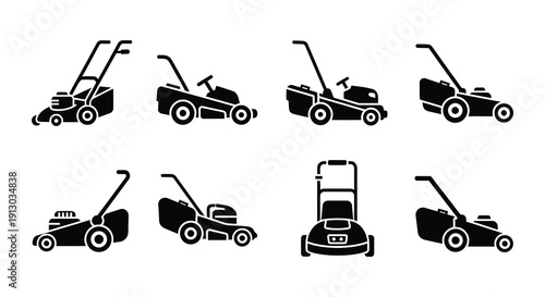 Collection of black silhouette lawnmower icons in various styles