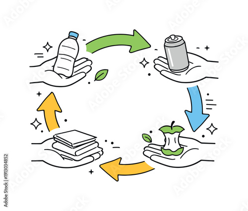 Recycling lifestyle concept. Abstract composition of hands, arrows, and recyclable items forming a circular flow. Clean editorial metaphor