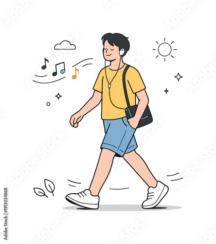 Summer Music Stroll. Summer music listening outdoors. Person walking slowly with earbuds in, gentle rhythm suggested by step motion and music notes. Everyday