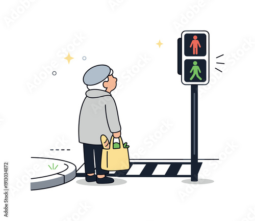   Standing at crossings. An elderly person with a shopping bag standing at a corner, glancing at the pedestrian light. A slow, thoughtful