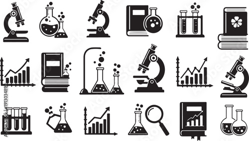 Science Laboratory Equipment and Research Icons in Black