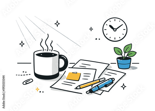 Film-like grain aesthetics. Coffee cup on a desk with scattered papers, light streaming in with soft grain over surfaces. Everyday objects