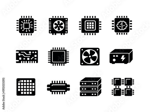    AI Hardware. Solid icon set of AI Hardware: ai chip, gpu processor, cpu processor, neural accelerator, circuit board, microchip pins, cooling