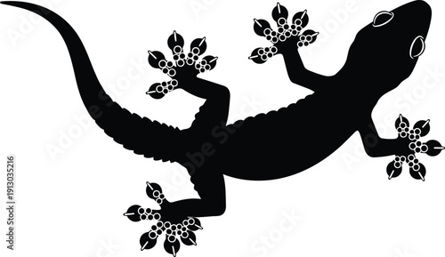 Stylized gecko silhouette with patterned toe pads, curved tail, reptile vector illustration for wildlife, biology, decorative, artistic themes